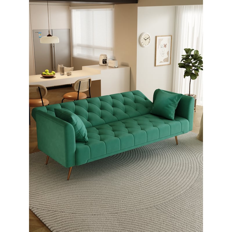 Green Velvet 71" Convertible Double Futon Sofa Bed with Adjustable